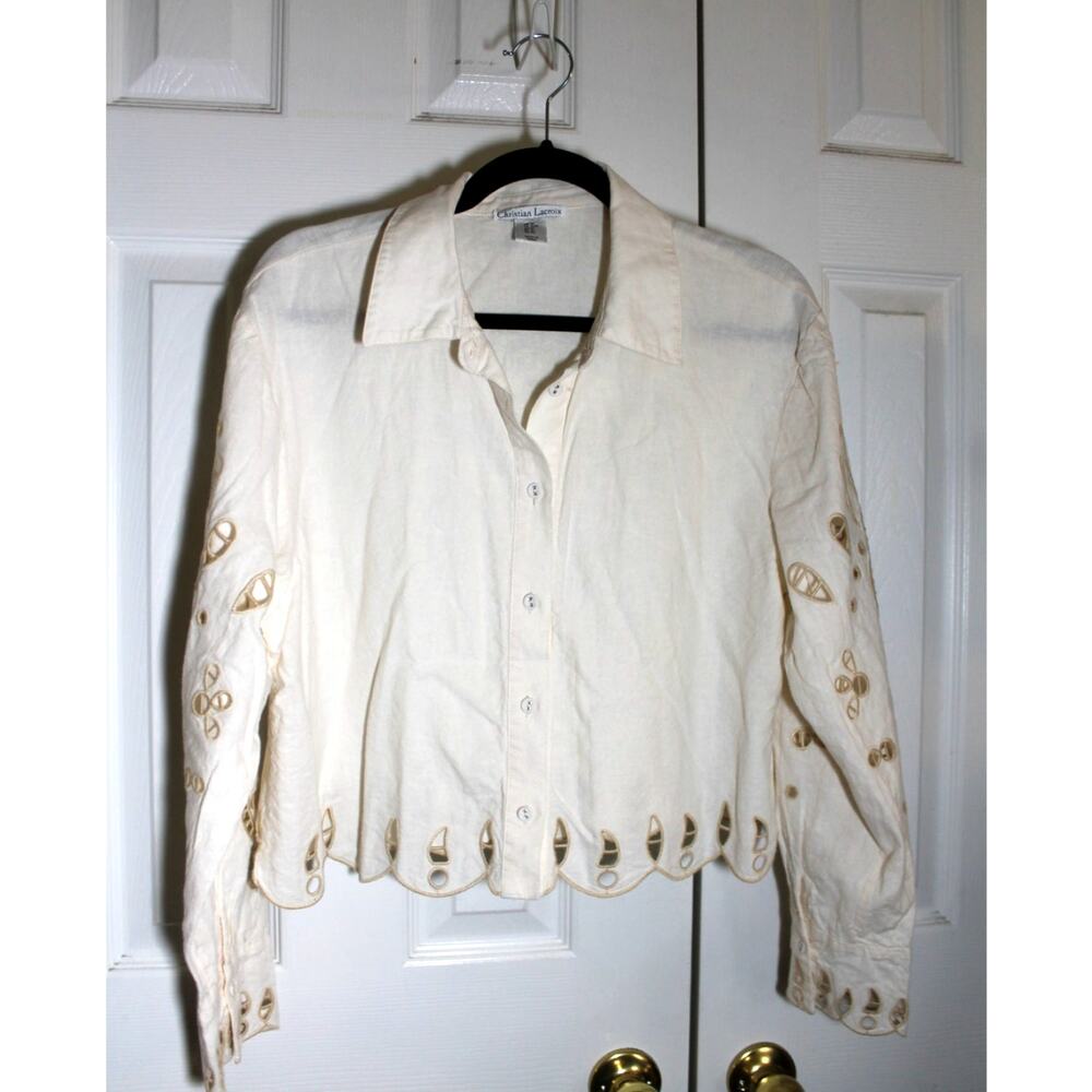 Christian Lacroix Ivory Linen Blend Blouse w/ Cutwork Lace sz M - Picture 2 of 4